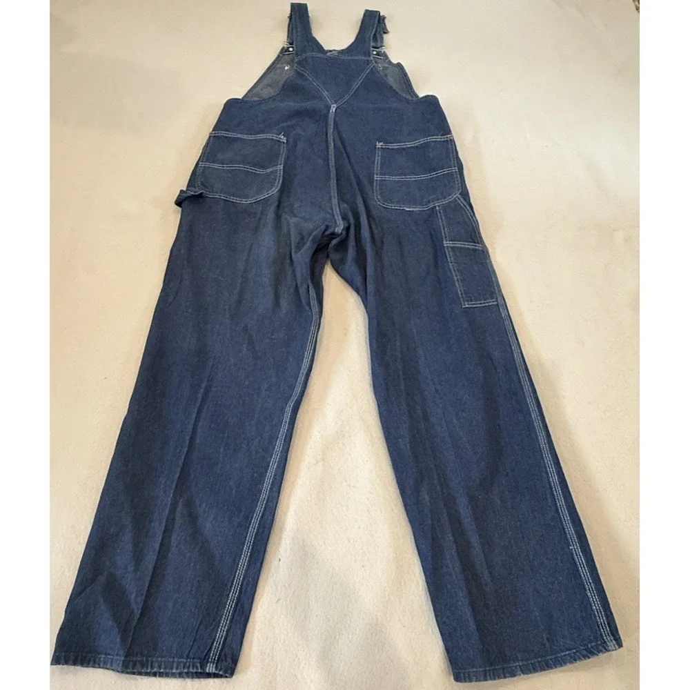 VTG Big Yank Denim Overalls 38x30 USA Made 70s Workwear Red Stitch Button fly - Picture 2 of 14